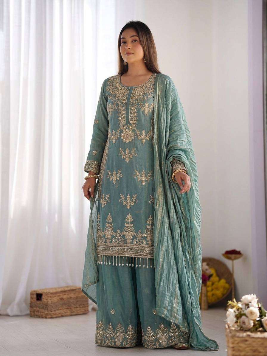 NSR 894 SILK FANCY DESIGNER PARTY WEAR LOOK LADIES TOP PLAZZO AND DUPATTA SET 