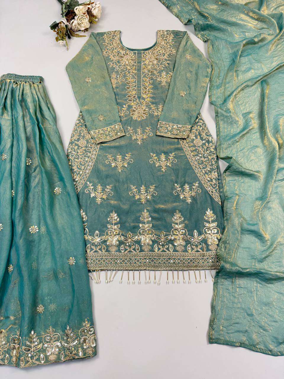 NSR 894 SILK FANCY DESIGNER PARTY WEAR LOOK LADIES TOP PLAZZO AND DUPATTA SET 