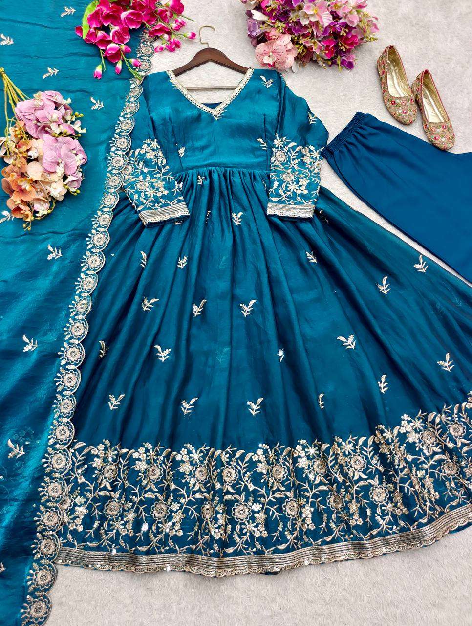 WW 1270 SILK DESIGNER WORK FESTIVE WEAR ANARKALI GOWN STYLE SUIT