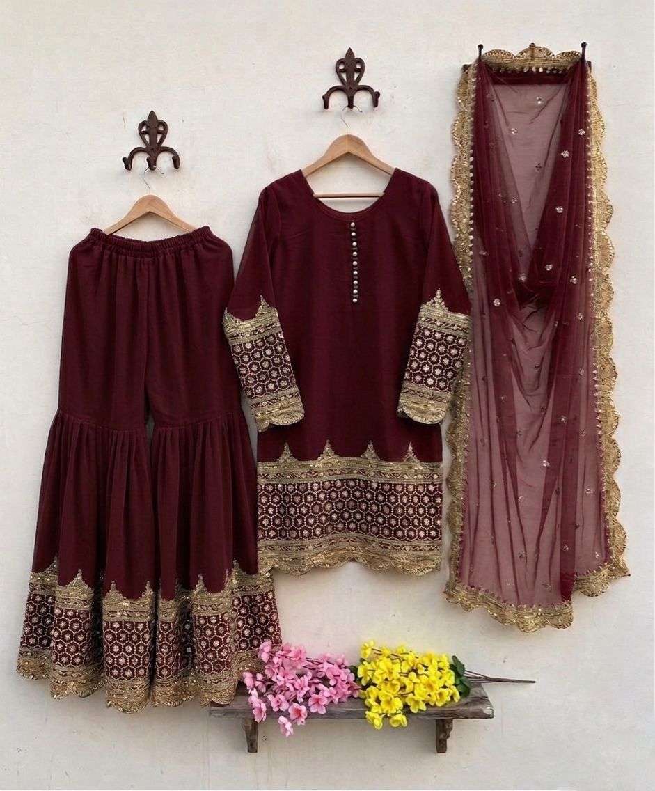 ZF 250 EMBROIDERY DESIGNER LONG GOWN WITH SHARARA AND DUPATTA SET 