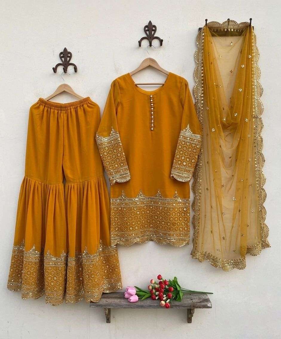ZF 250 EMBROIDERY DESIGNER LONG GOWN WITH SHARARA AND DUPATTA SET 